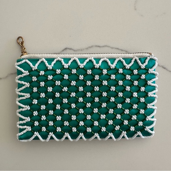 Vintage 1950s Green Silk Small Beaded Satin Pouch Emerald Green and White. 5.5